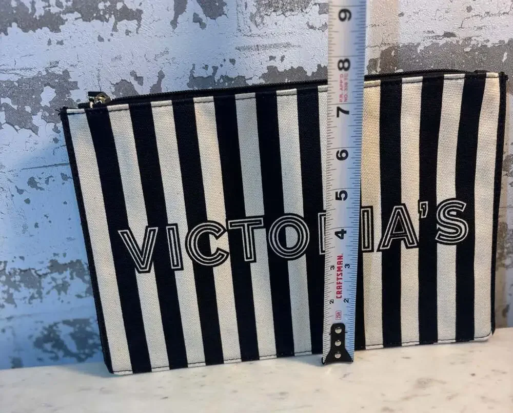 Victoria's Secret Black and White Striped Canvas Wristlet Makeup Bag